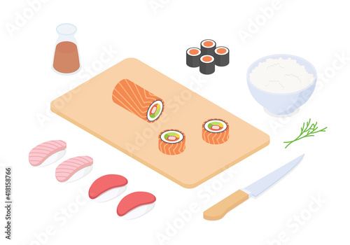 Making sushi set - fish, seafood. Isometric vector illustration in flat design.
