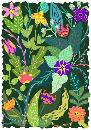 Bright beautiful botanical poster with flowers and leaves and various fantasy tropical plant elements. Interior poster, postcard, banner, greeting card. Vector illustration.