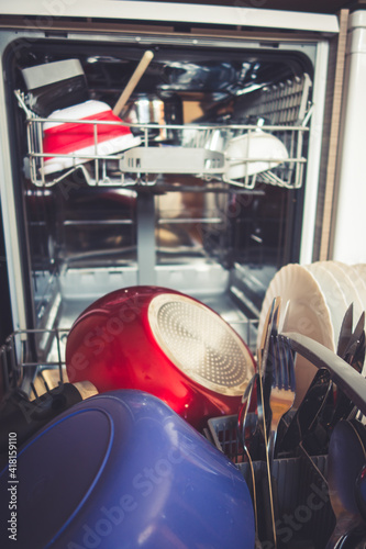 Open dishwasher in a kitchen