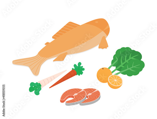 Meal preparation set - fish, seafood, vegetables. Isometric vector illustration in flat design.