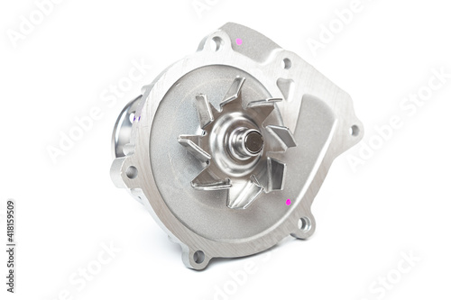 Car water pump ( roller and fan ) with timing belt and bolts isolated on white background. Automobile spare part