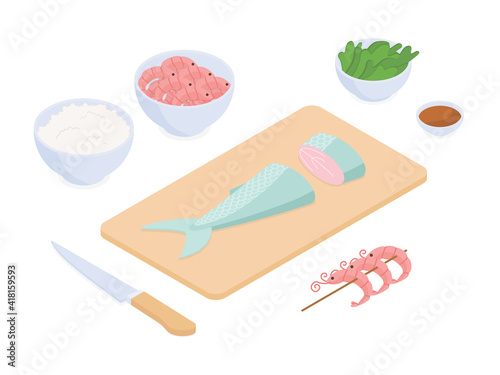 Fish and seafood meal prep set. Isometric vector illustration in flat design.