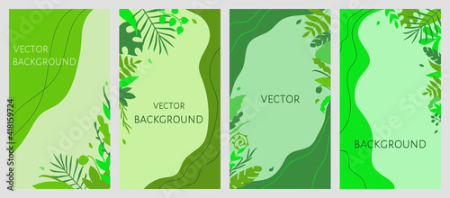 Set of abstract floral backgrounds with leaves and copy space for text in bright green colors. Templates and banners with plant and leafy elements for the design of packaging, covers, posters.