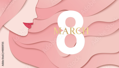 Happy Womens Day background. 8 march design template with woman face profile and greeting text. Girl with long pink hair. Vector illustration	