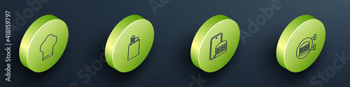 Set Isometric Chef hat, Online ordering and delivery, and burger icon. Vector.