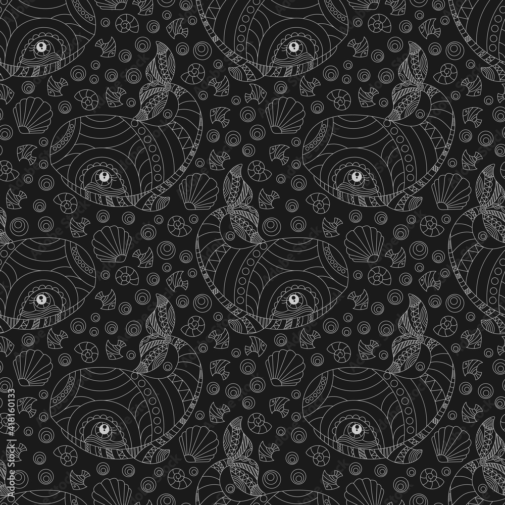 Seamless pattern with outline cartoon whales and fishes, light contour animals on a dark background Seamless pattern with outline cartoon whales and fishes, light contour animals on a dark background