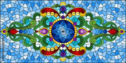Illustration in stained glass style with abstract flowers, leaves and curls on a blue background, rectangular horizontal image