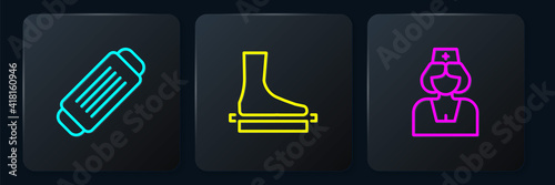 Set line Medical protective mask, Nurse and Flat foot. Black square button. Vector.