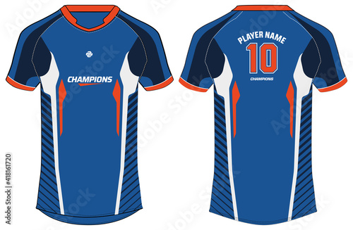 Sports jersey t shirt design concept vector template, Football jersey concept with front and back view for Soccer, Cricket, Volleyball, Rugby, tennis, badminton and active wear uniform.