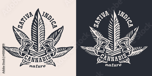 Set vector illustrations with a smoking pipe and hemp leaf for white and dark background. The text is in a separate group. This design is perfect for apparel designs and many other uses.