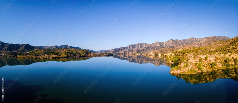 Aerial view of the river Ebro in the morning in the Catalonia region of Spain Aerial view of the river Ebro in the morning in the Catalonia region of Spain
