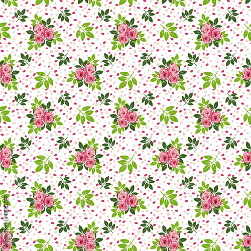 Bouquets of bright roses, leaves and spots on a white background, seamless pattern © floraaplus