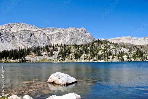 Medicine Bow National Forest in Wyoming, United States. Medicine Bow Peak as seen from Lewis Lake. Located off the Snowy Range Scenic Byway, managed by the Laramie Ranger District. 