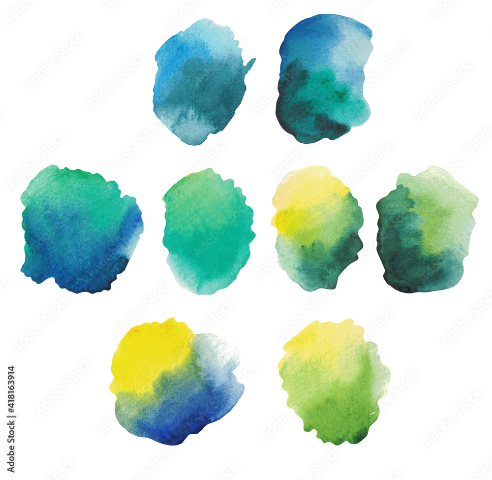 Texture watercolor blue, green and yellow multicolored paints spots. Backgrounds set