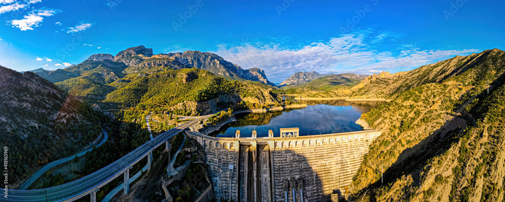 Aerial view of Presa de Oliana dam on El Serge river in Spain