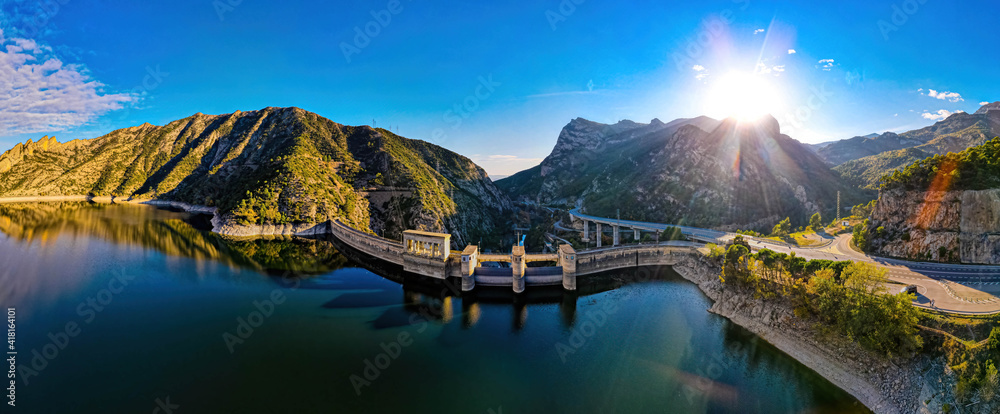 Aerial view of Presa de Oliana dam on El Serge river in Spain