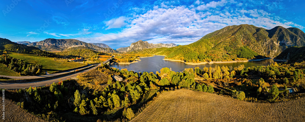 Aerial view of Presa de Oliana dam on El Serge river in Spain