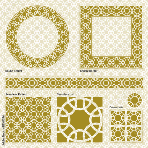 Ornament border, square frame, circle frame and a seamless Oriental pattern ( Vector gold Arabian, Islamic, and Geometric pattern style with seamless border).