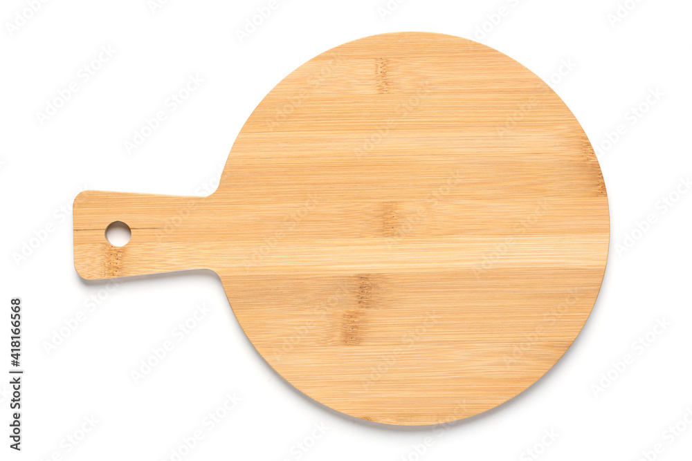 New round wooden bamboo cutting board for pizza isolated on white background. Mockup for food project. New round wooden bamboo cutting board for pizza isolated on white background. Mockup for food project.