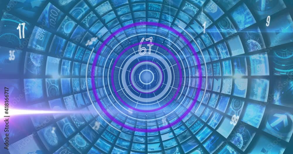 Animation of falling numbers circular scope scanning and blue composite screens Animation of falling numbers circular scope scanning and blue composite screens