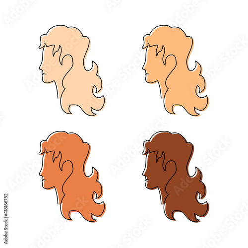 Vector illustration of a profile of a woman with long curly hair. Four variants of skin color, from light to dark. Line art for banner, poster, logo, clothing, catalog, advertisement design, print
