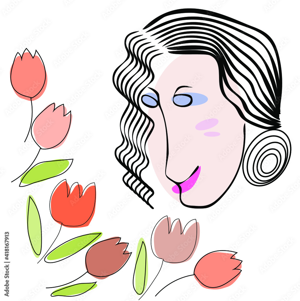 Abstract portrait of a woman with tulips on a white background