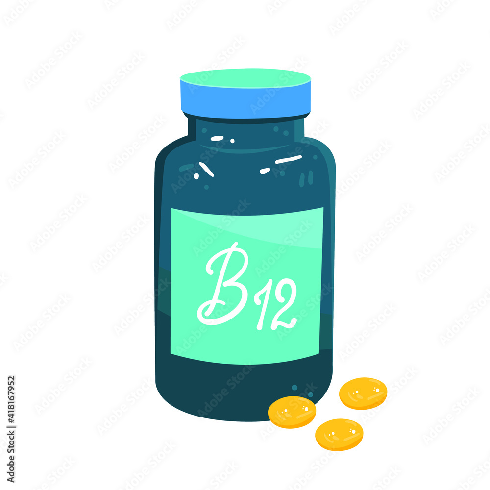 Vector cartoon illustration of vitamin b12 packaging in a jar and