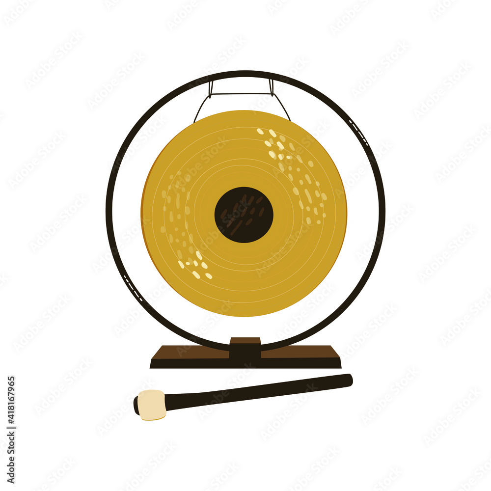 Flat vector illustration of a golden gong and hammer. Asian traditional
