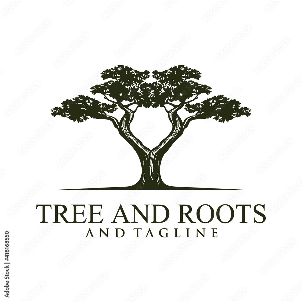 Obraz premium Root Of The Tree logo illustration. Vector silhouette of a tree,Oak Land Vector Logo. Vector silhouette of a tree. The tree is symbol of strength, longevity, fertility, hope and continuity. This logo 
