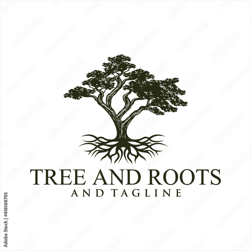 Obraz premium Root Of The Tree logo illustration. Vector silhouette of a tree,Oak Land Vector Logo. Vector silhouette of a tree. The tree is symbol of strength, longevity, fertility, hope and continuity. This logo 