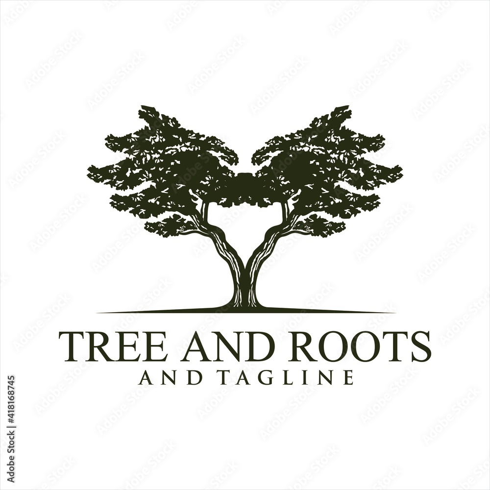 Obraz premium Root Of The Tree logo illustration. Vector silhouette of a tree,Oak Land Vector Logo. Vector silhouette of a tree. The tree is symbol of strength, longevity, fertility, hope and continuity. This logo 