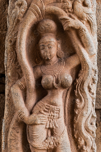 Examples of ancient architecture. The figure of the goddess on the wall of the destroyed Krishna Temple in Hampi, Karnataka, India