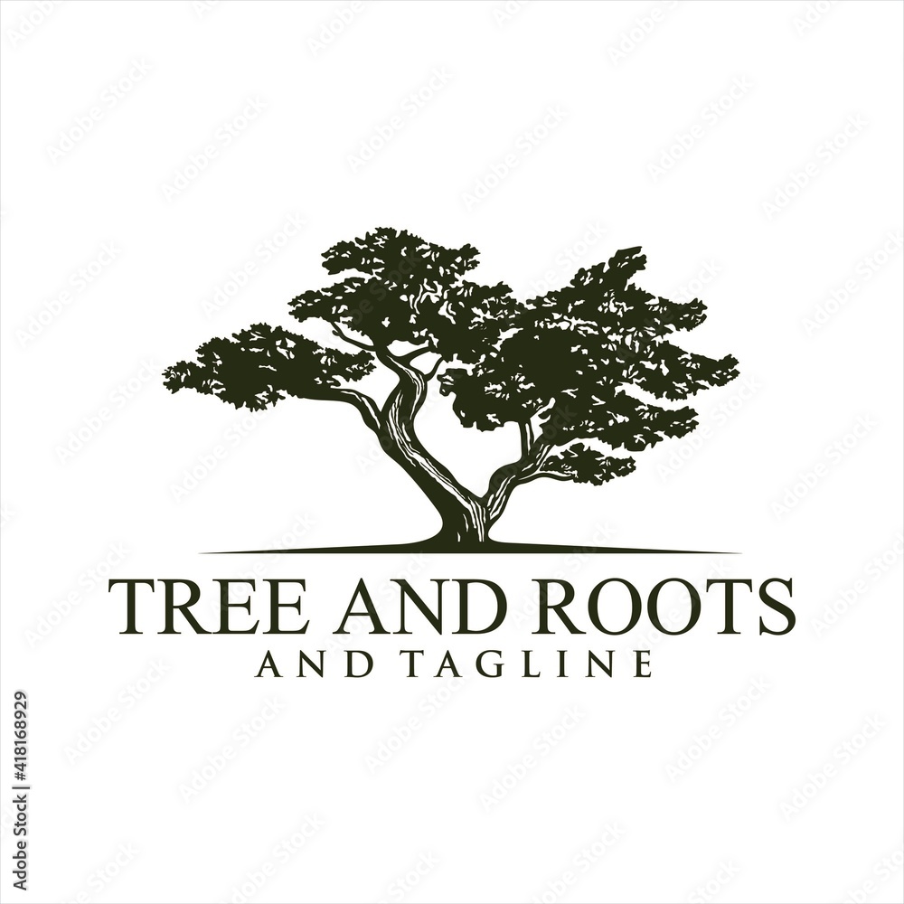 Fototapeta premium Root Of The Tree logo illustration. Vector silhouette of a tree,Oak Land Vector Logo. Vector silhouette of a tree. The tree is symbol of strength, longevity, fertility, hope and continuity. This logo 