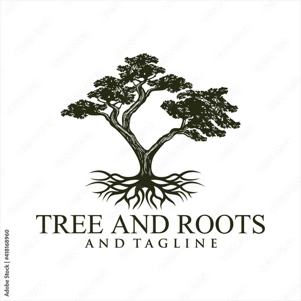 Obraz premium Root Of The Tree logo illustration. Vector silhouette of a tree,Oak Land Vector Logo. Vector silhouette of a tree. The tree is symbol of strength, longevity, fertility, hope and continuity. This logo 