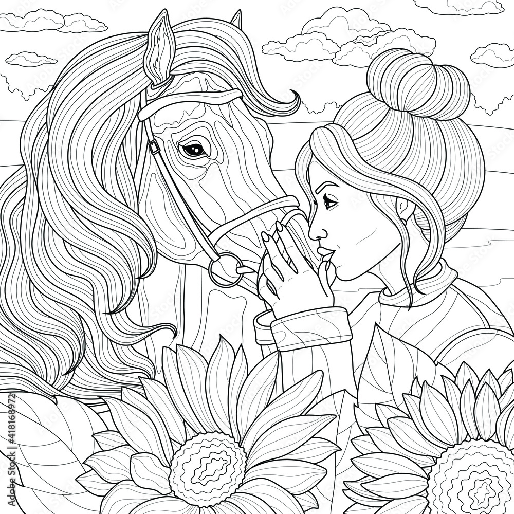 Girl with a horse.Coloring book antistress for children and adults ...