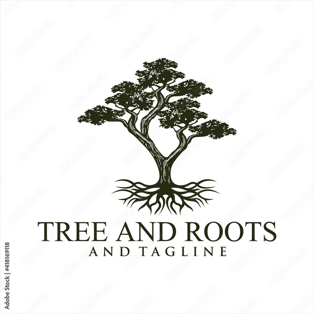 Obraz premium Root Of The Tree logo illustration. Vector silhouette of a tree,Oak Land Vector Logo. Vector silhouette of a tree. The tree is symbol of strength, longevity, fertility, hope and continuity. This logo 