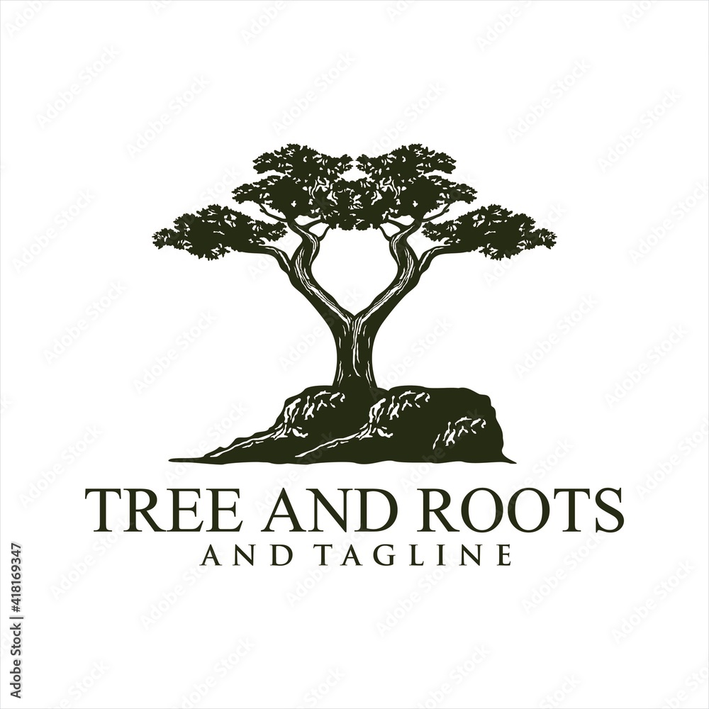 Obraz premium Root Of The Tree logo illustration. Vector silhouette of a tree,Oak Land Vector Logo. Vector silhouette of a tree. The tree is symbol of strength, longevity, fertility, hope and continuity. This logo 
