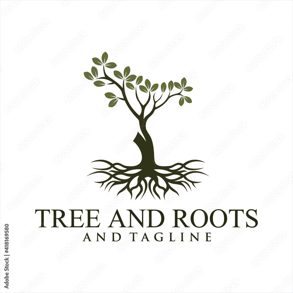 Obraz premium Root Of The Tree logo illustration. Vector silhouette of a tree,Circle Tree vector logo this beautiful tree is a symbol of life, beauty, growth, strength, and good health.