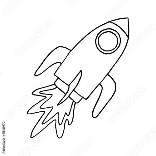 Rocket doodle drawing. Isolated on white background. Sketch elements set for design. Vector hand drawn illustration in doodle style. Astronomical or celestial objects.