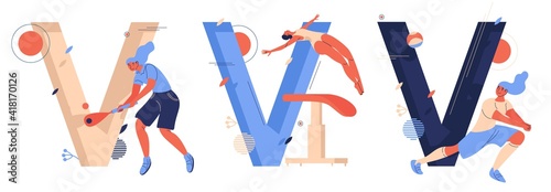 Sport letters V collection. Volleyball, vault gymnastics, vigoro woman training, jumping, isolated on white. Cartoon characters drawn in blue and beige for healthy lifestyle and active leisure