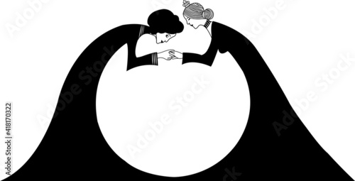 Art Nouveau style, genteel women giving greetings of courtesy