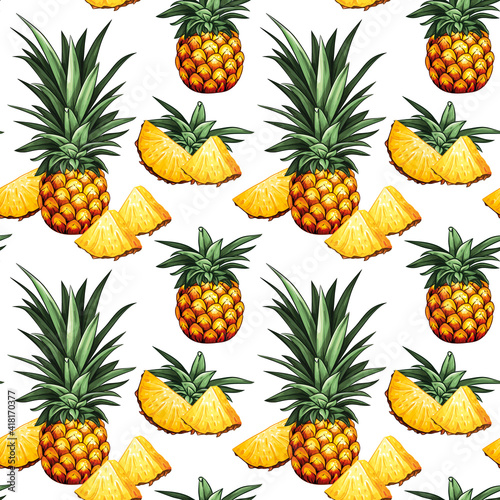 Exotic pineapple seamless pattern. Design with hand drawn illustration of pineapple with leaves and pineapple slices