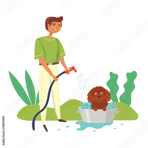 The guy washes the dog in a basin from a hose with water. Happy Pet Owners vector illustration