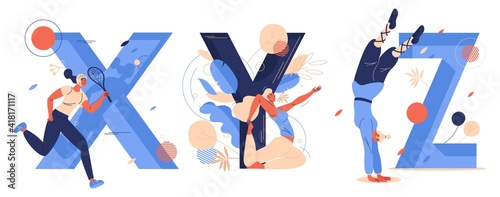 Sport letters X for xare game, Y for yoga, Z for zui quan. Women training, running and doing salto. Vector concept illustration collection