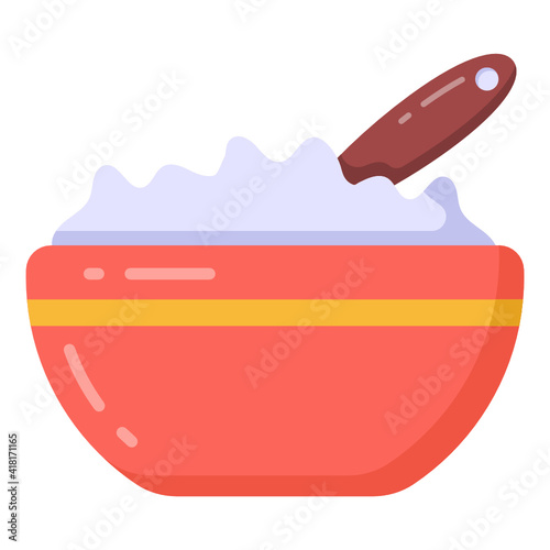 
Bowl of boiled rice with spoon in modern flat style 

