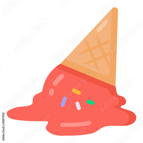 
A melted ice cream with waffle, flat icon

