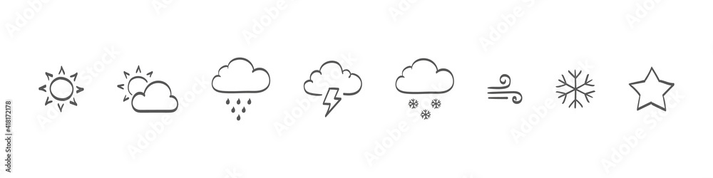 Set of drawn Weather icons. Weathers icons. Weather vector icons. Weather icons sun and clouds in sky, rain with snow, thunder and lightning.. Vector illustration Set of drawn Weather icons. Weathers icons. Weather vector icons. Weather icons sun and clouds in sky, rain with snow, thunder and lightning.. Vector illustration