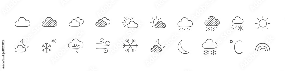Weather icons. Drawn weathers icons. Weather vector icons. Weather forecast sign symbols. Weathers signs. Vector illustration