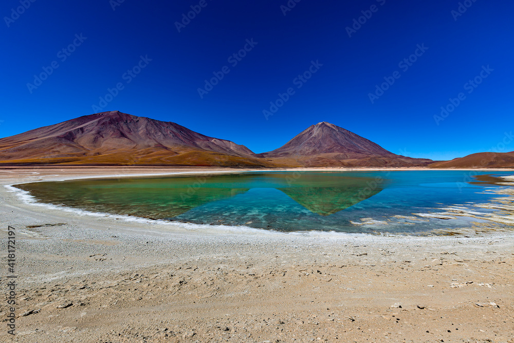 Bolivia, the southwest of the Altiplano, Potosi Department. Eduardo Avaroa Andean Fauna National Reserve. Laguna Verde, endorheic salt lake and volcano Licancabur Bolivia, the southwest of the Altiplano, Potosi Department. Eduardo Avaroa Andean Fauna National Reserve. Laguna Verde, endorheic salt lake and volcano Licancabur