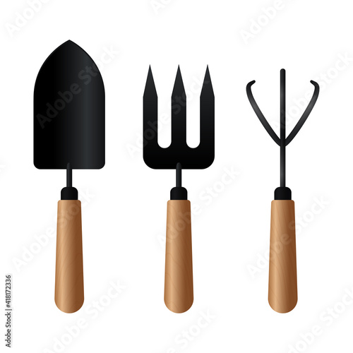 A set of garden tools made of black metal with wooden handles. Vector stock illustration isolated on a white background